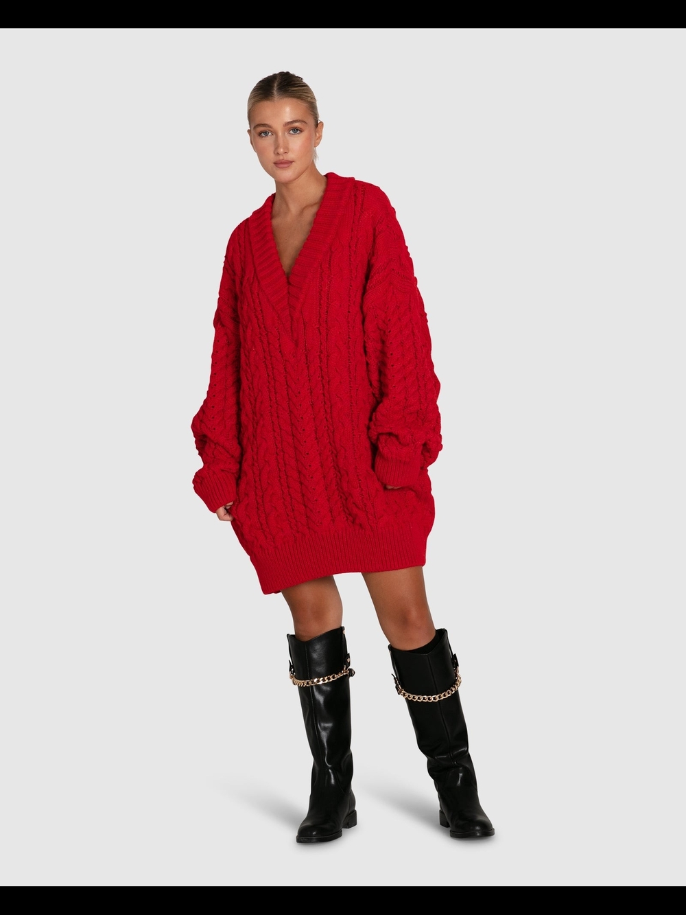 Bell & Bloom Still The ONE Red Cable Knit V-Neck Chunky Sweater Dress Oversize